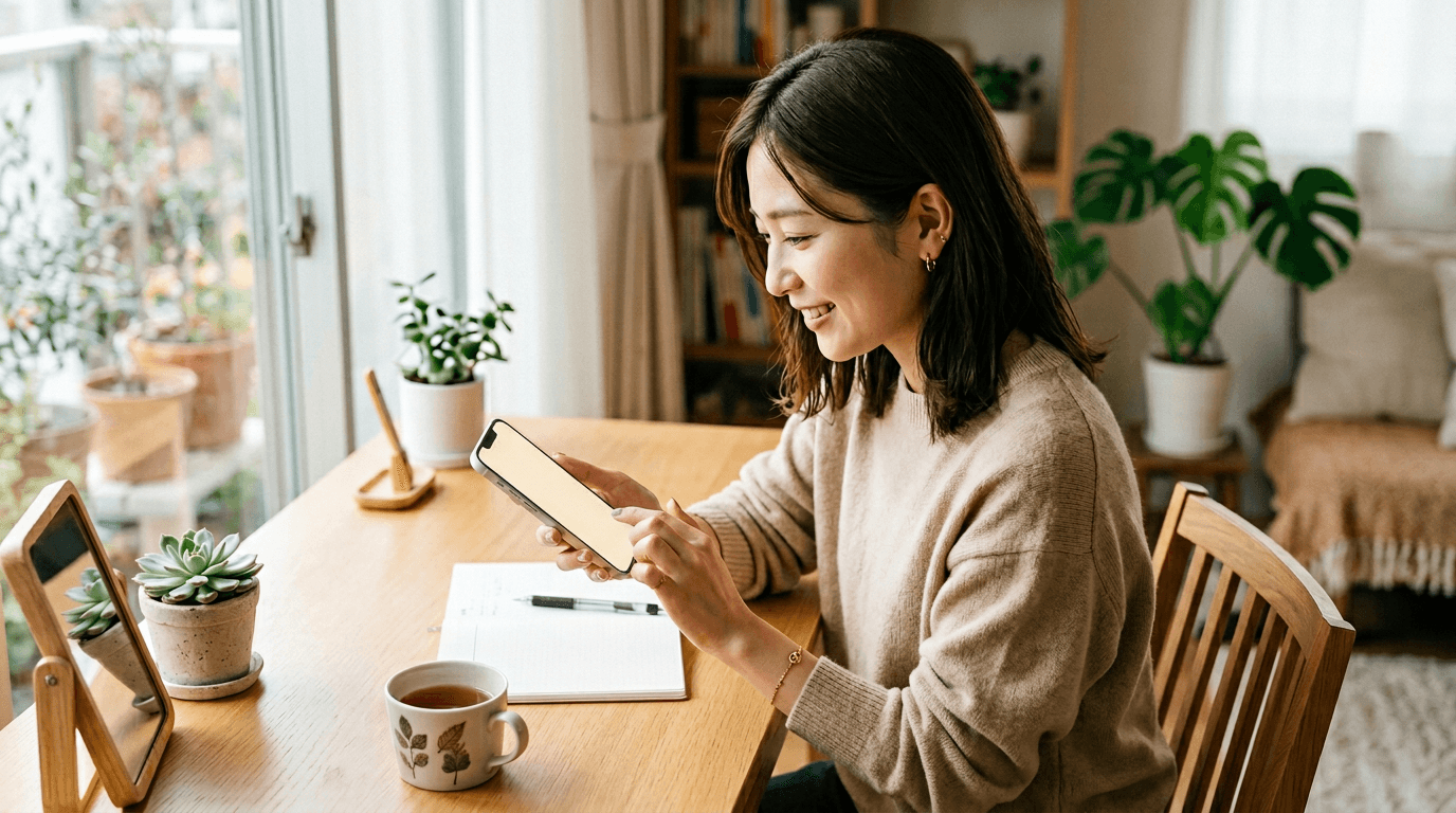 スマートフォンでネイルサロンを予約する日本人女性