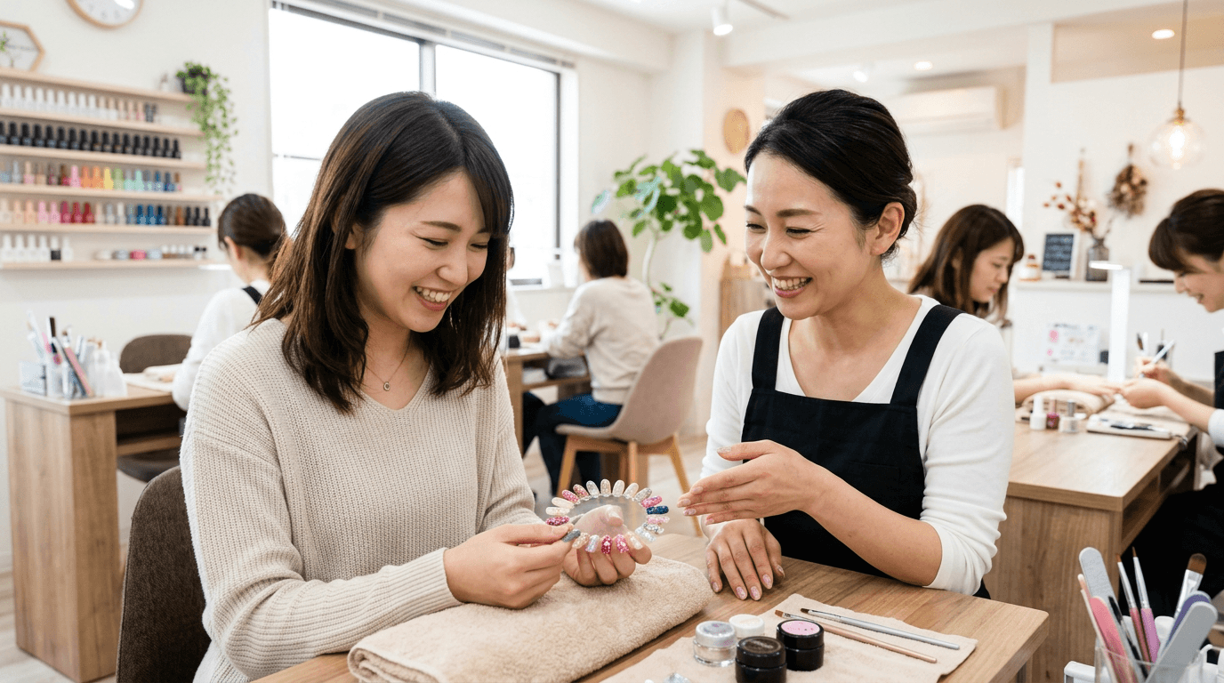 ネイリストとお客様がデザインを相談している様子