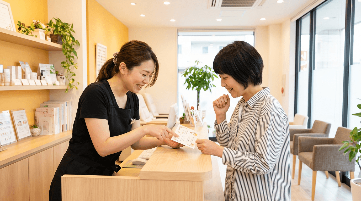 施術後のアフターケアを案内するネイリストとお客様